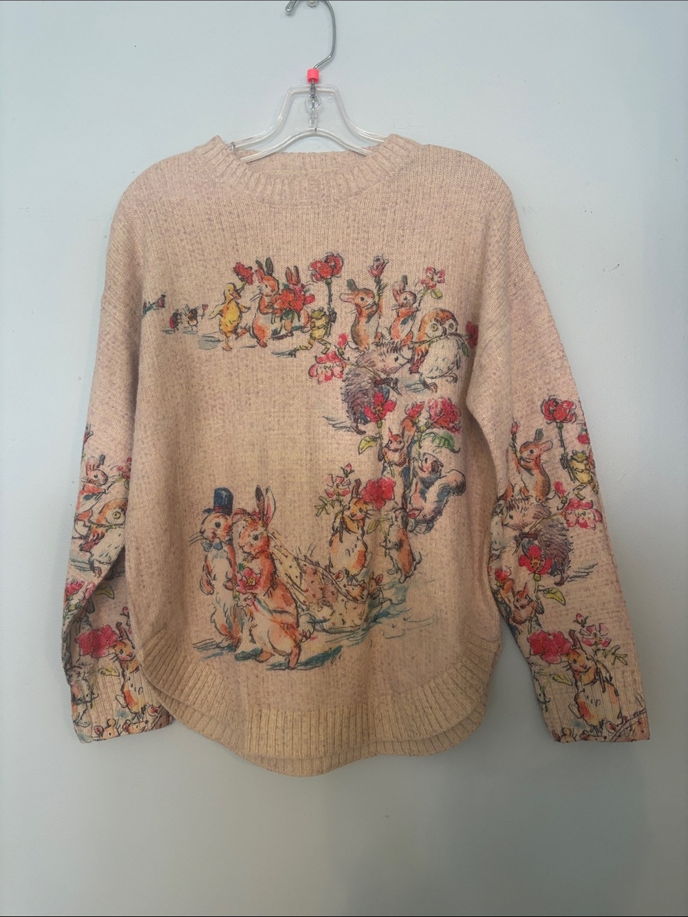 Vintage-Inspired Beige Floral Bunny Crewneck Sweater